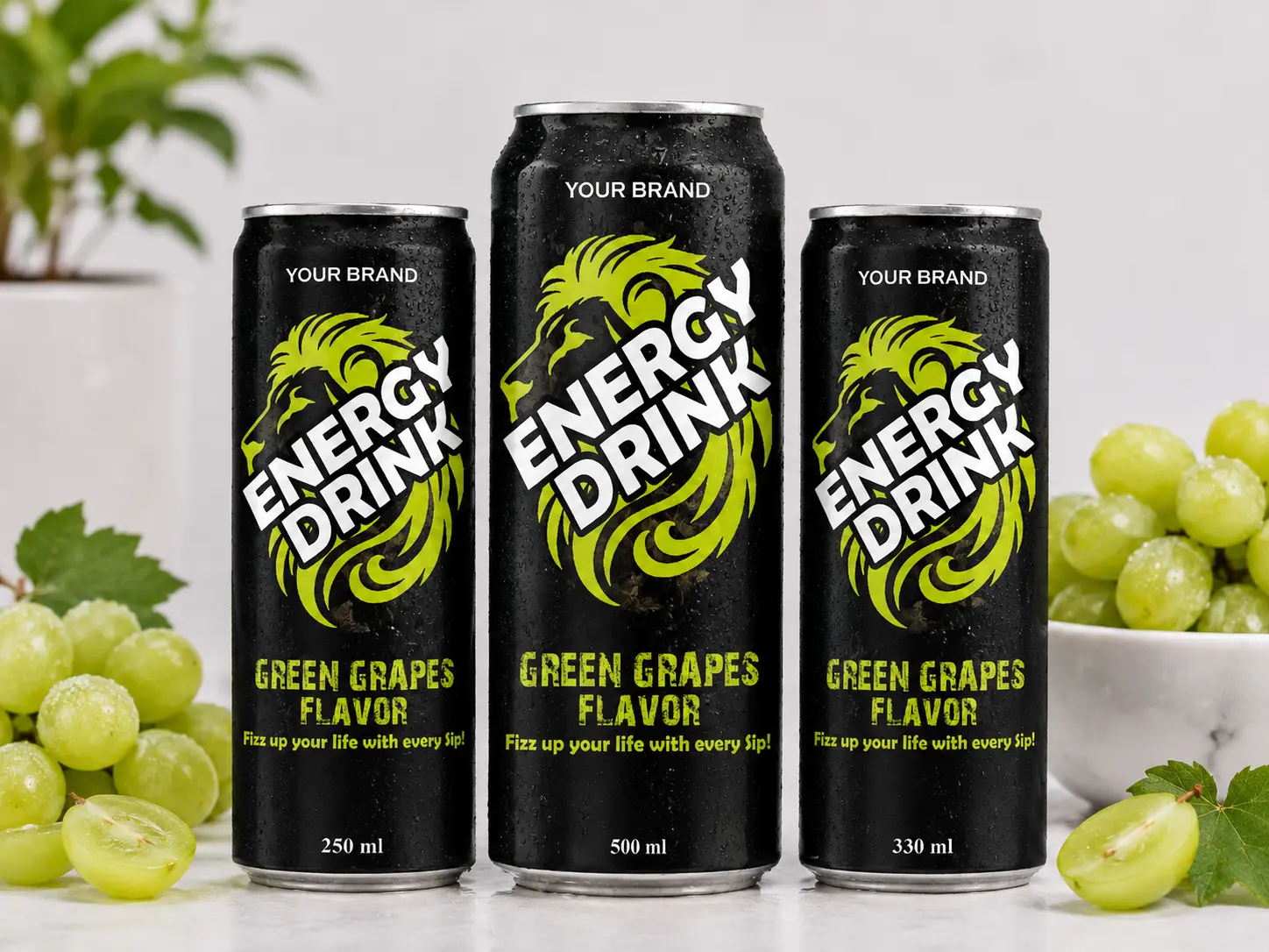 ENERGY DRINK Green Grapes Flavor 250ml, 500ml and 330ml cans.